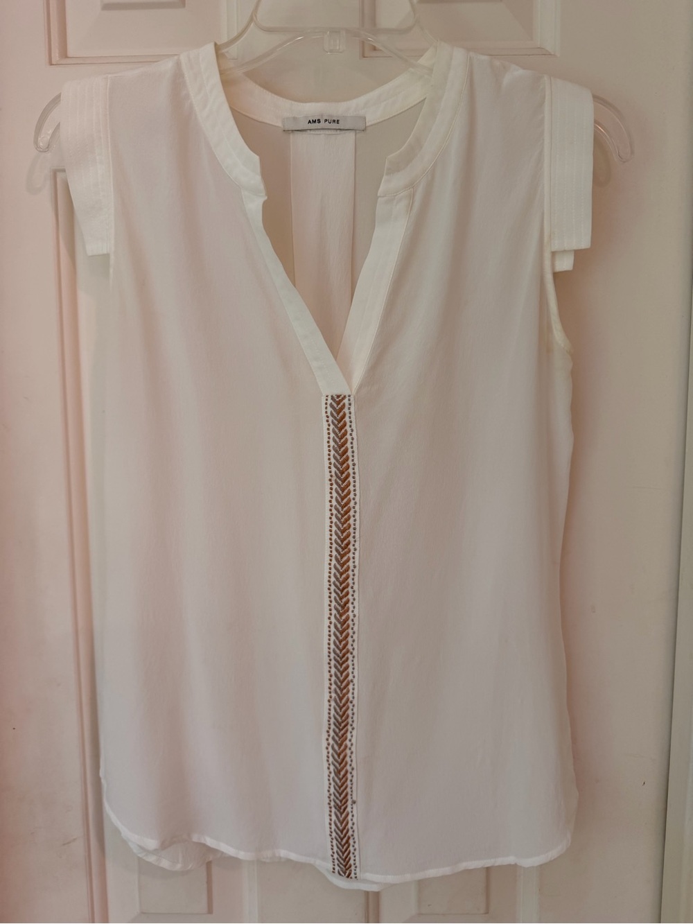 White Silk Sleeveless V-Neck Blouse, Center Gold Metallic Trim by AMS Pure, Sz S - Picture 14 of 14
